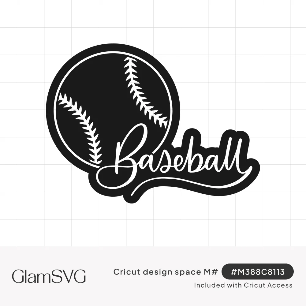 Black baseball with white stitched seams beside the word Baseball in flowing script, with a sticker-style outline