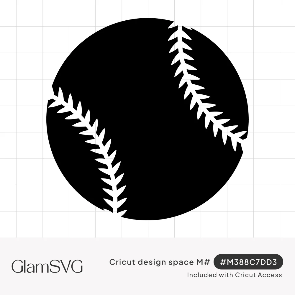 Solid black baseball silhouette with curved white zigzag stitching seams cut out as negative space