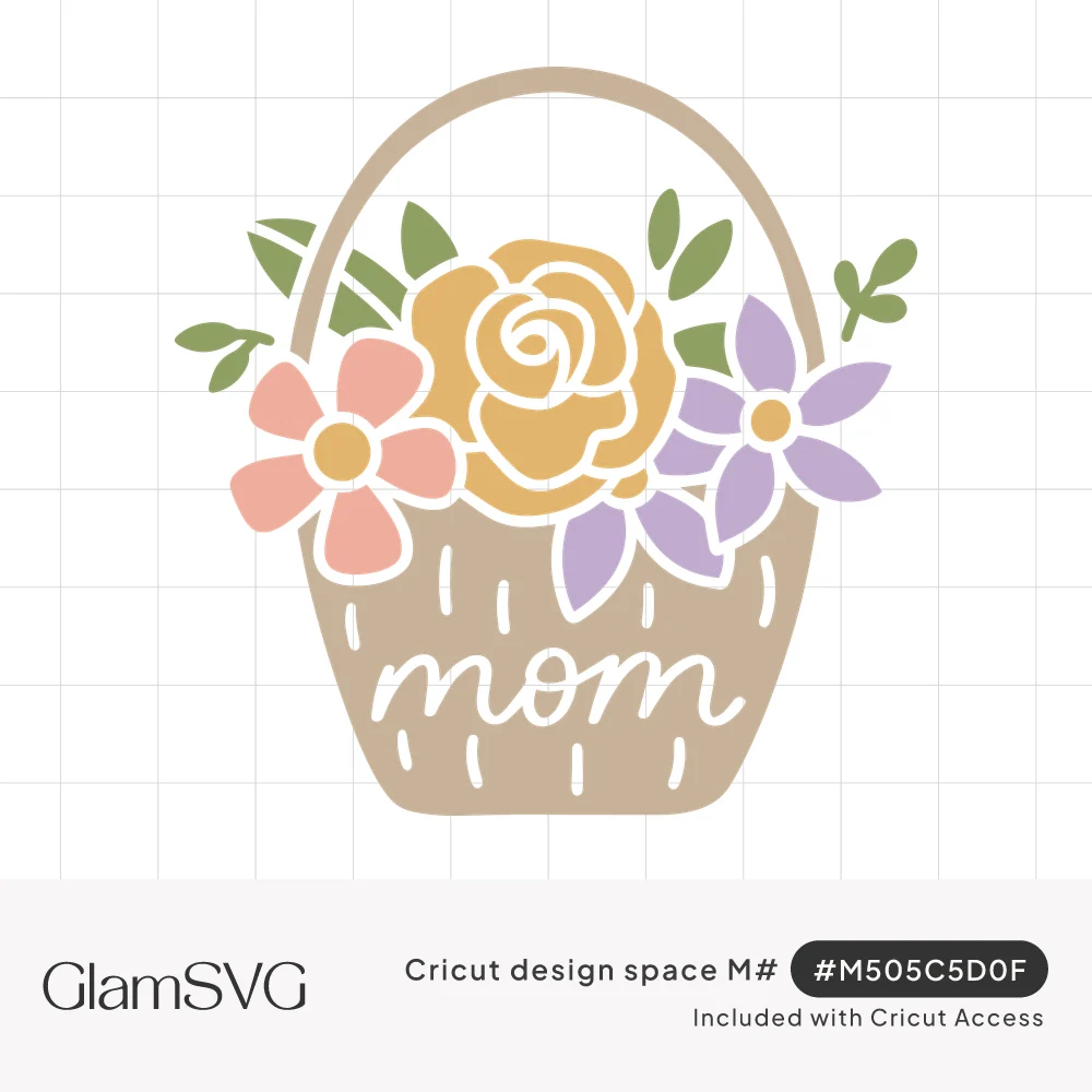 Tan woven basket filled with a pink daisy, yellow rose and purple flower, with the word mom in white script