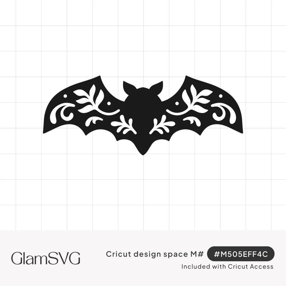 Black silhouette bat with spread wings featuring cut-out leafy sprigs, swirls and dots in a folk floral style