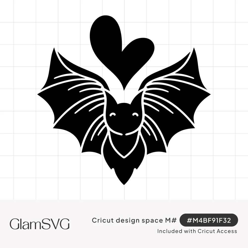 Black silhouette of a smiling bat with spread veined wings and a solid heart floating above its head