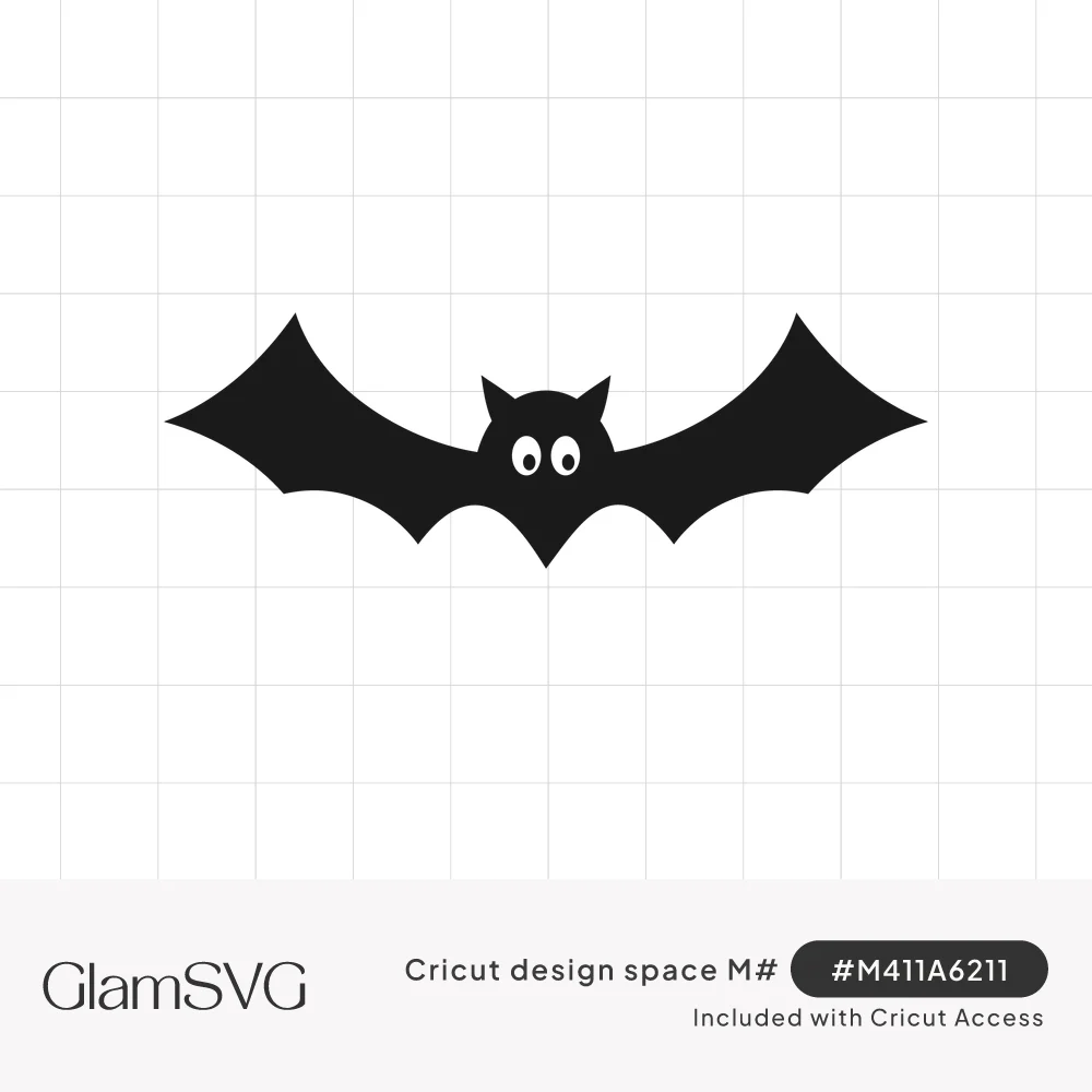 Black bat silhouette with outstretched scalloped wings, pointed ears and big round white eyes