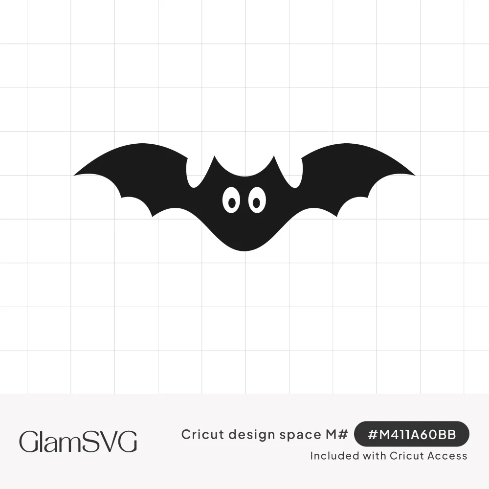 Black bat silhouette with wide scalloped wings, pointed ears and two white oval eyes on a white background