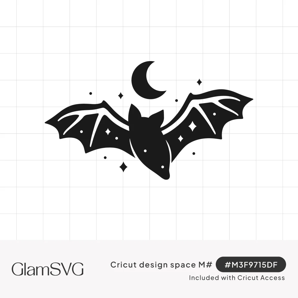 Black silhouette of a flying bat with star-shaped cutouts on its wings beneath a crescent moon and sparkles