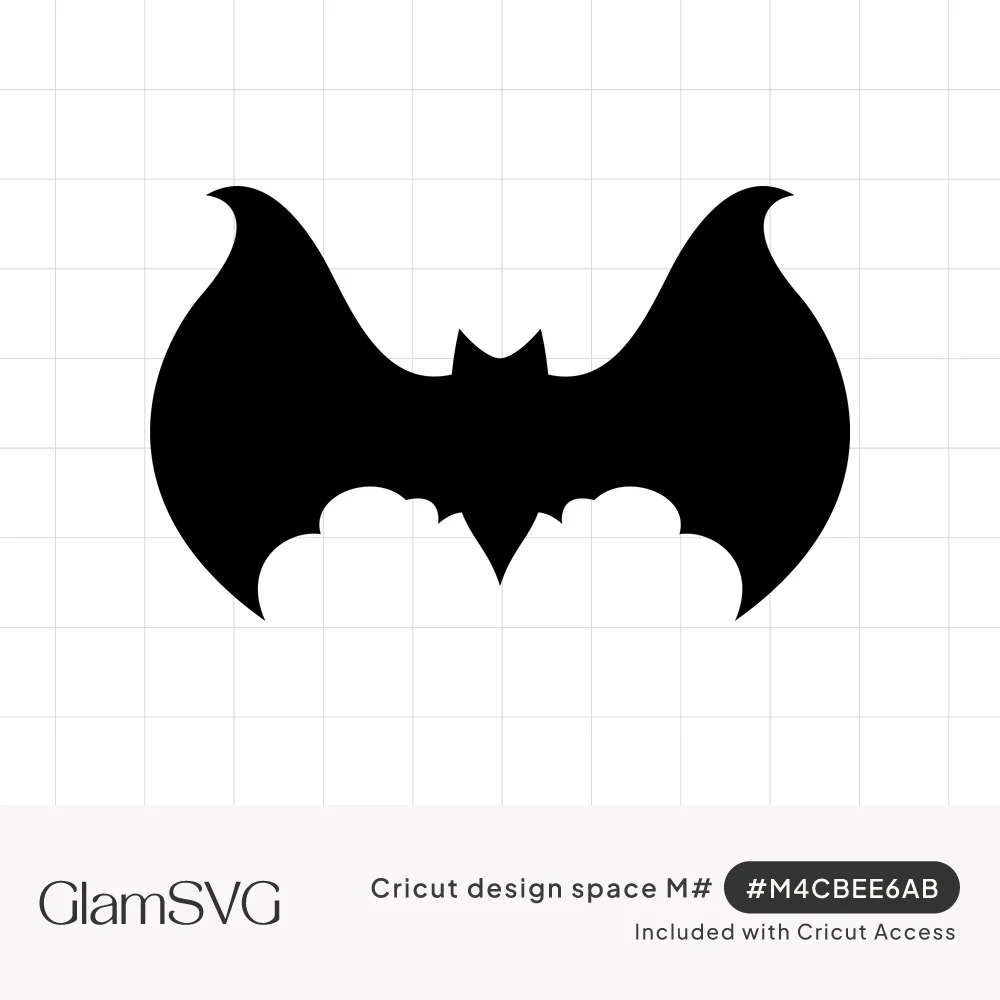 Solid black bat silhouette with outstretched curling wings, scalloped lower edges and small pointed ears