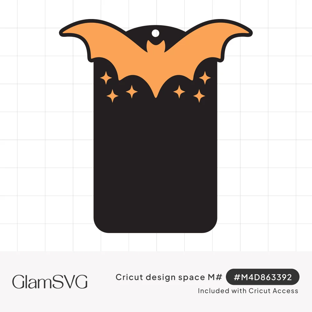Black rounded gift tag with a hole at top, topped by an orange bat with spread wings and small orange sparkle stars