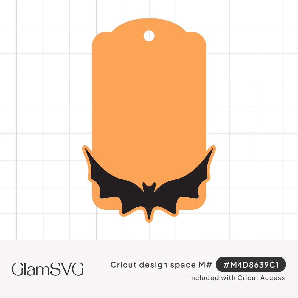 Orange rounded gift tag with a hole at the top and a black bat with spread wings along the bottom edge