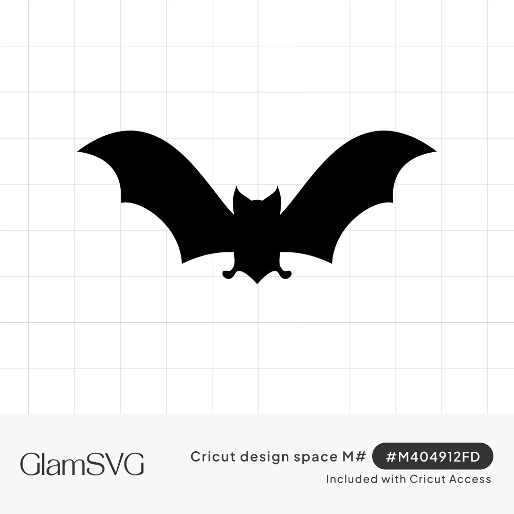 Solid black bat silhouette with wide scalloped wings spread open, small pointed ears and tiny curled feet