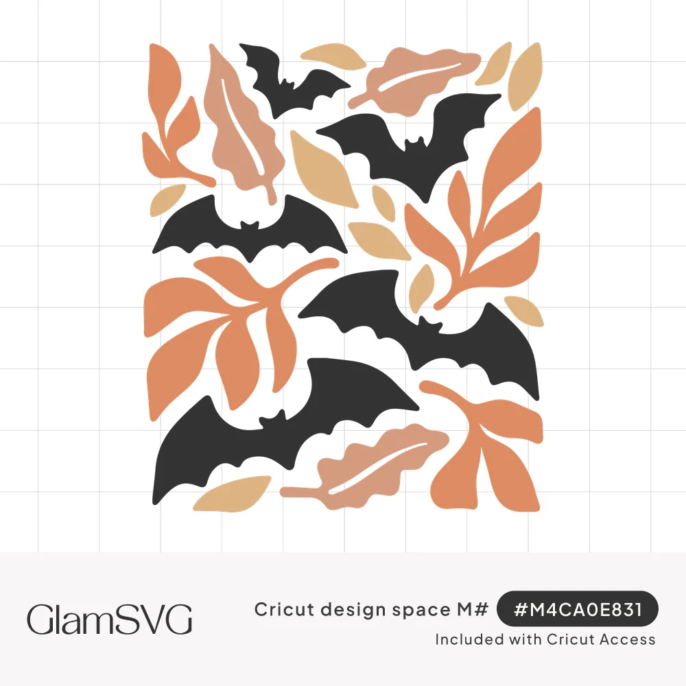 Rectangular arrangement of black flying bats among orange, blush and mustard autumn leaves