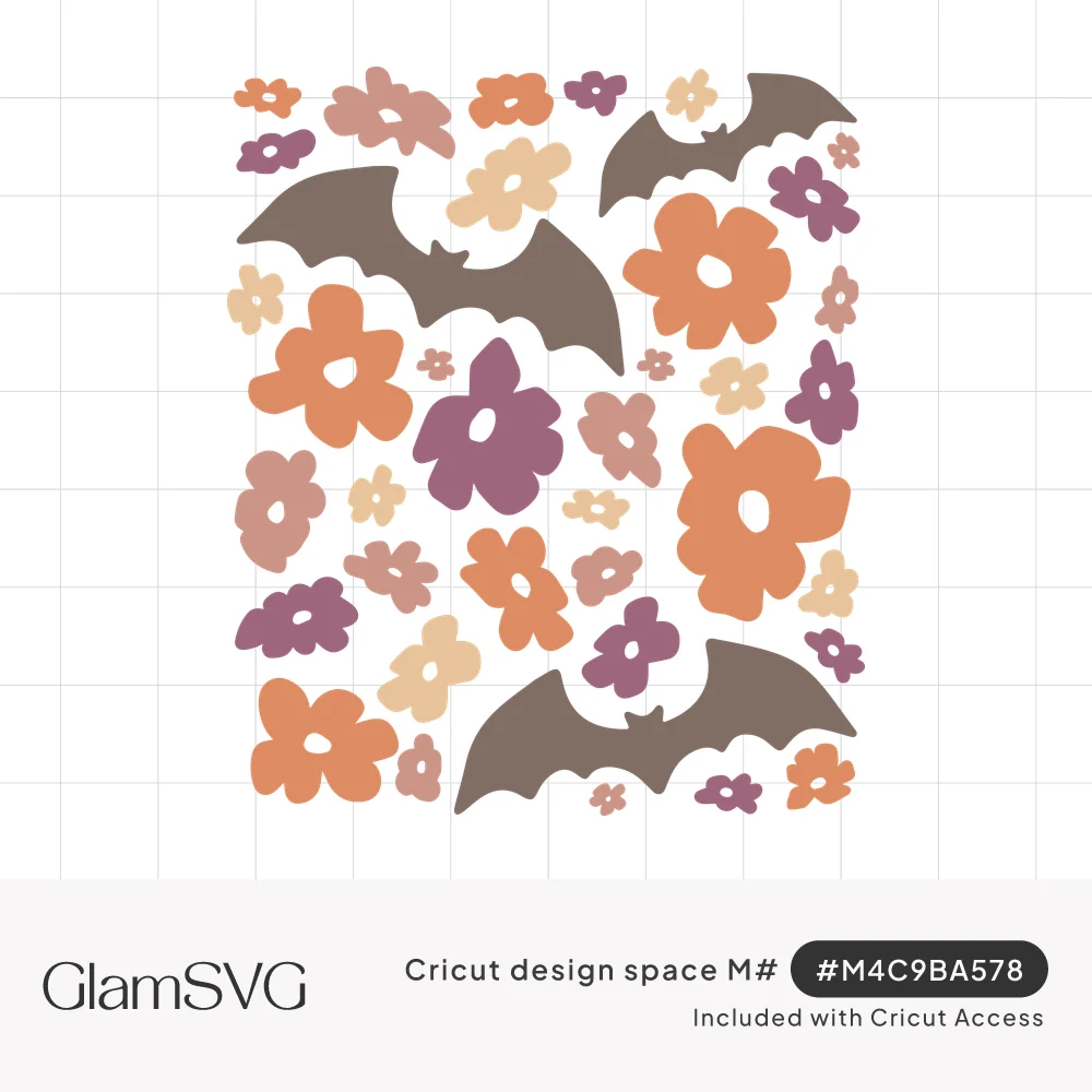 Repeating pattern of brown flying bats among retro flowers in orange, plum, blush pink and cream on white