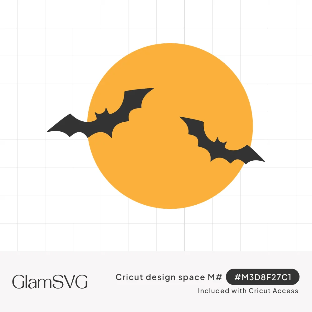 Two black bat silhouettes flying across a large orange full moon in a simple flat Halloween design