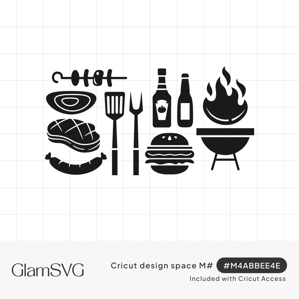 Black silhouette BBQ icons: kebab, steaks, sausage, spatula, fork, ketchup and beer bottles, burger and flaming kettle grill