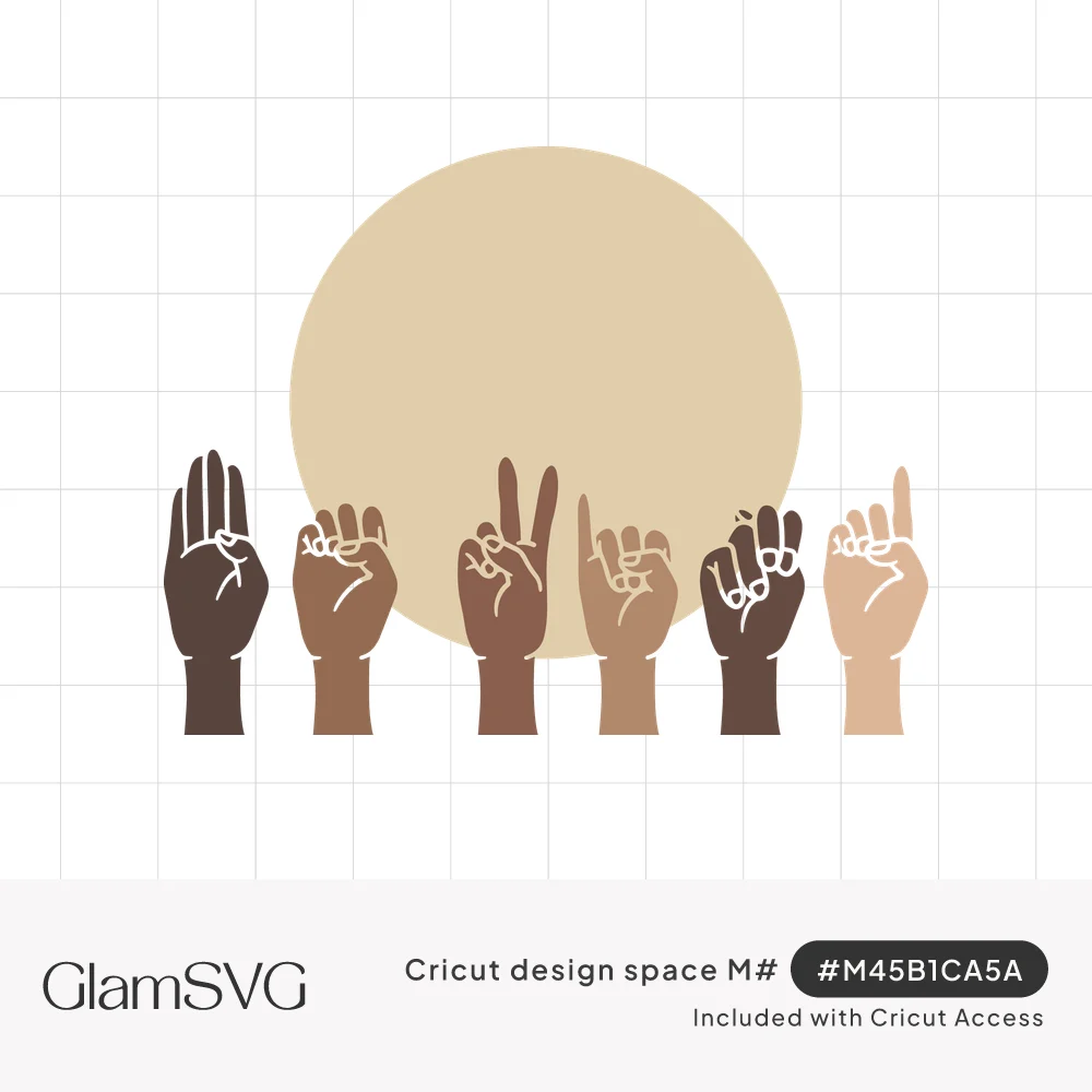 Six raised hands in varied skin tones fingerspelling be kind in ASL in front of a beige circle