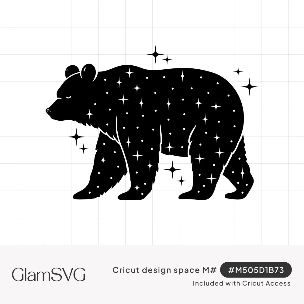 Black walking bear silhouette filled with small white stars and dots, with sparkle stars floating around it
