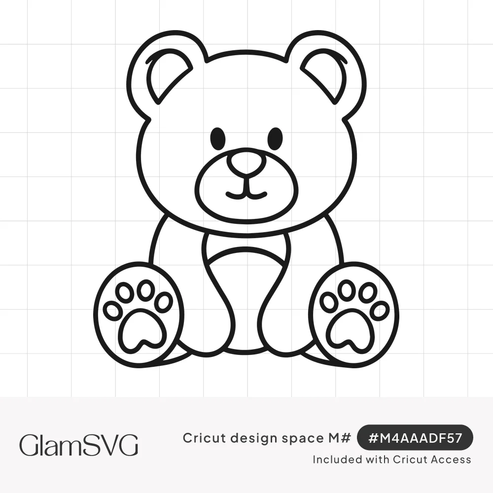 Black outline drawing of a cute sitting teddy bear with round ears, a smiling face and paw prints on its feet