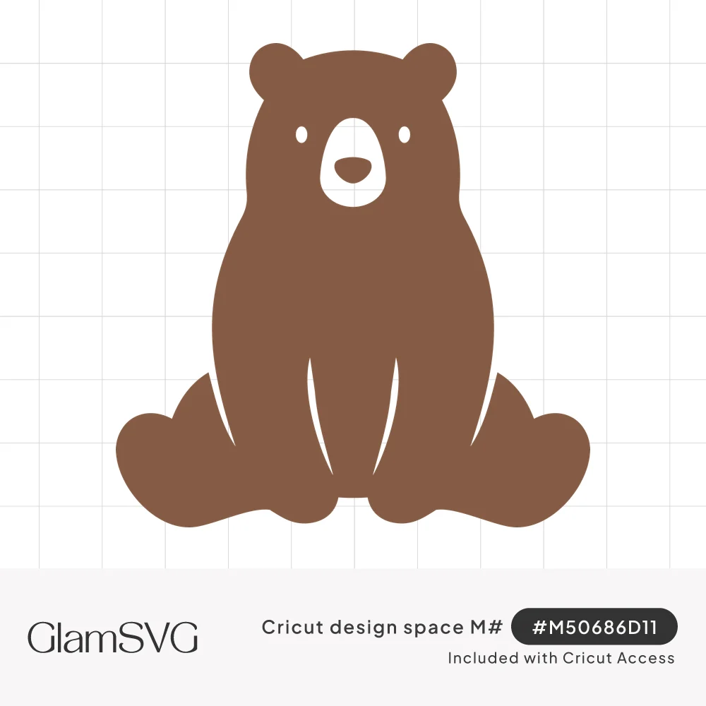 Simple brown bear sitting upright facing forward, with small cut-out eyes, a white muzzle and outstretched feet