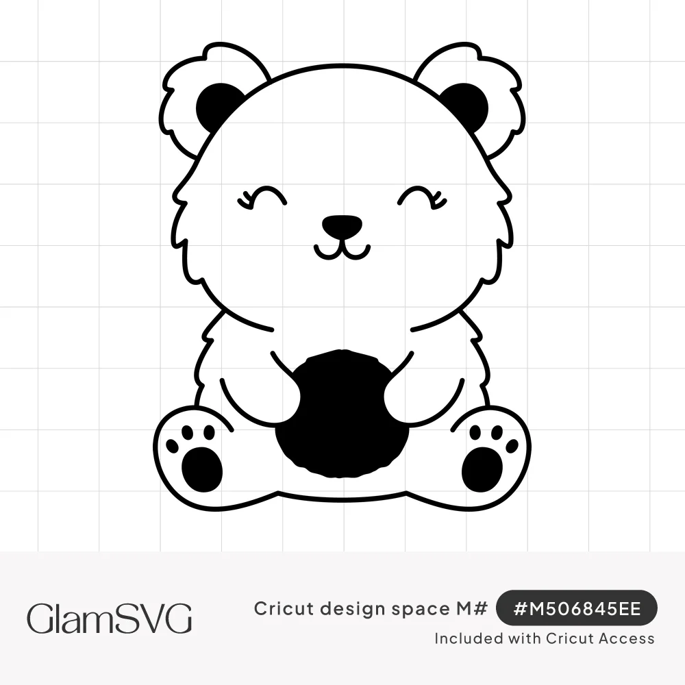Black and white line drawing of a fluffy smiling bear sitting and hugging a round black ball