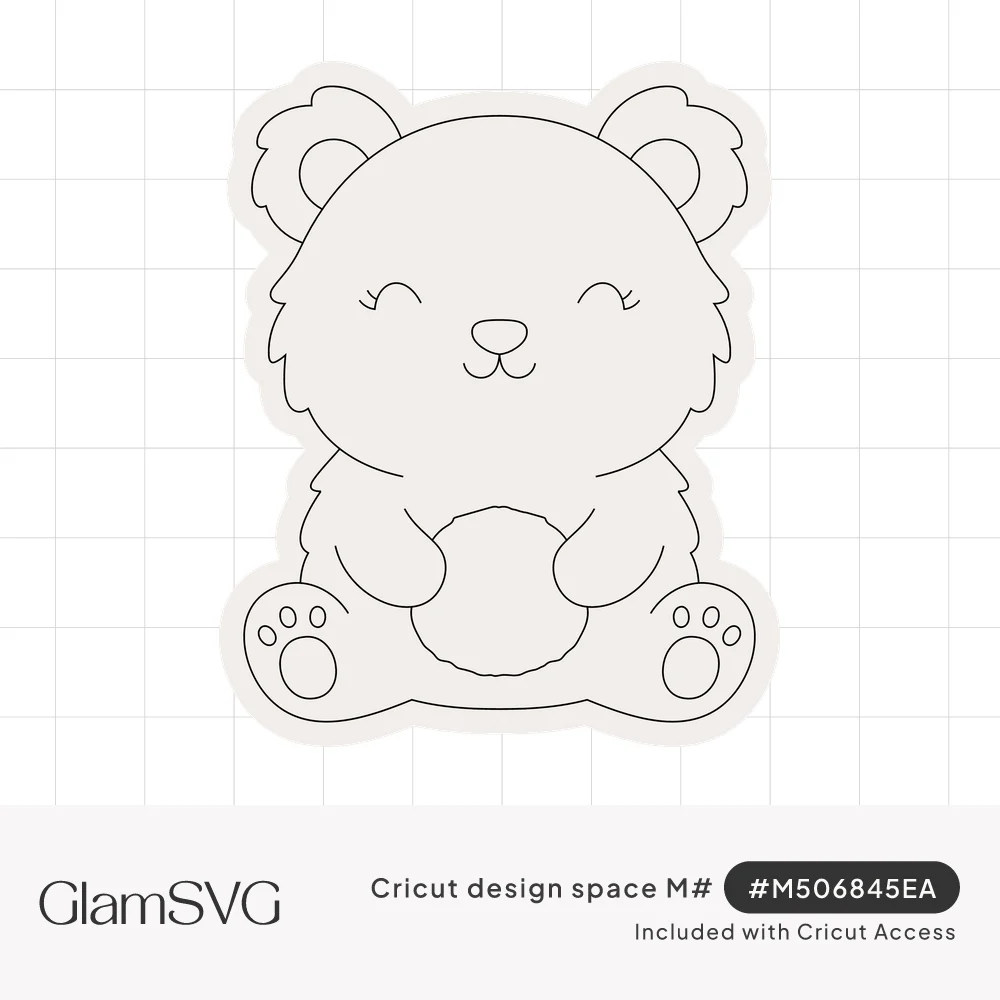 Line drawing of a cute sitting bear with closed smiling eyes, fluffy cheeks and paw pads inside a sticker-style outline