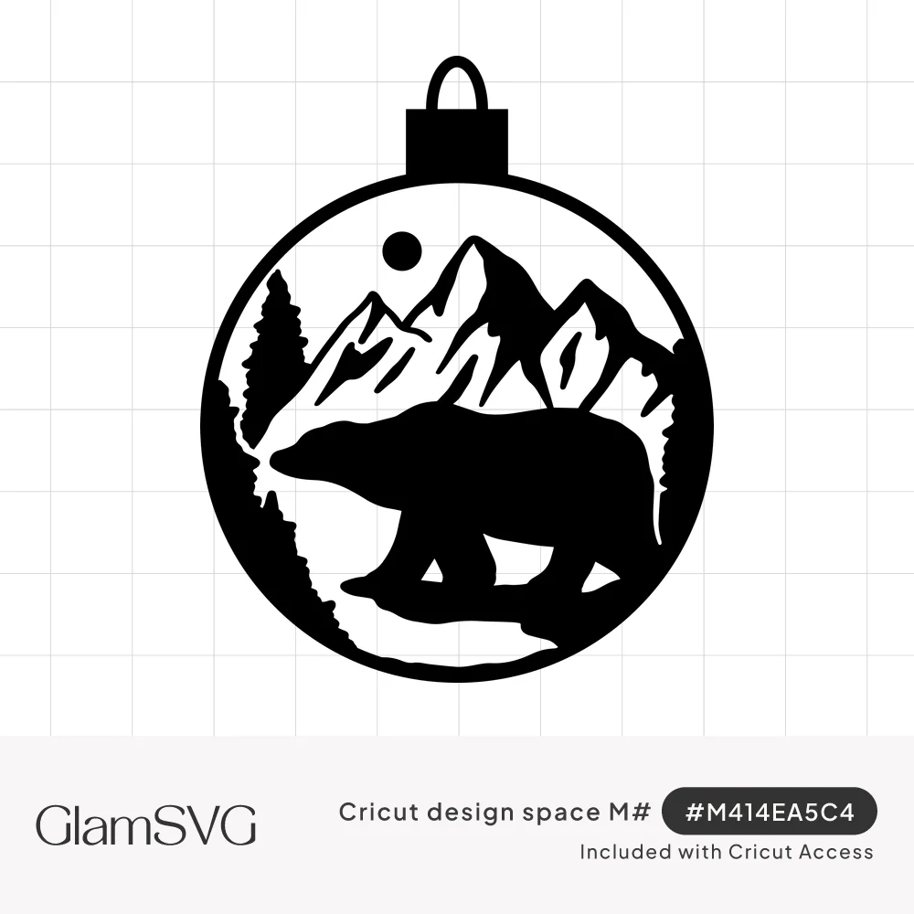 Black silhouette of a bear walking past pine trees and mountain peaks inside a round Christmas ornament shape
