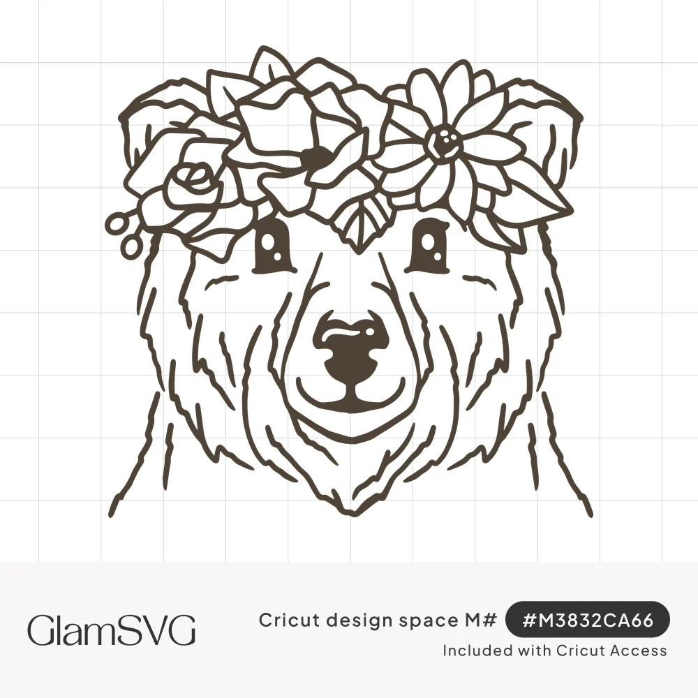 Line art of a smiling bear face wearing a flower crown of roses, daisies and leaves