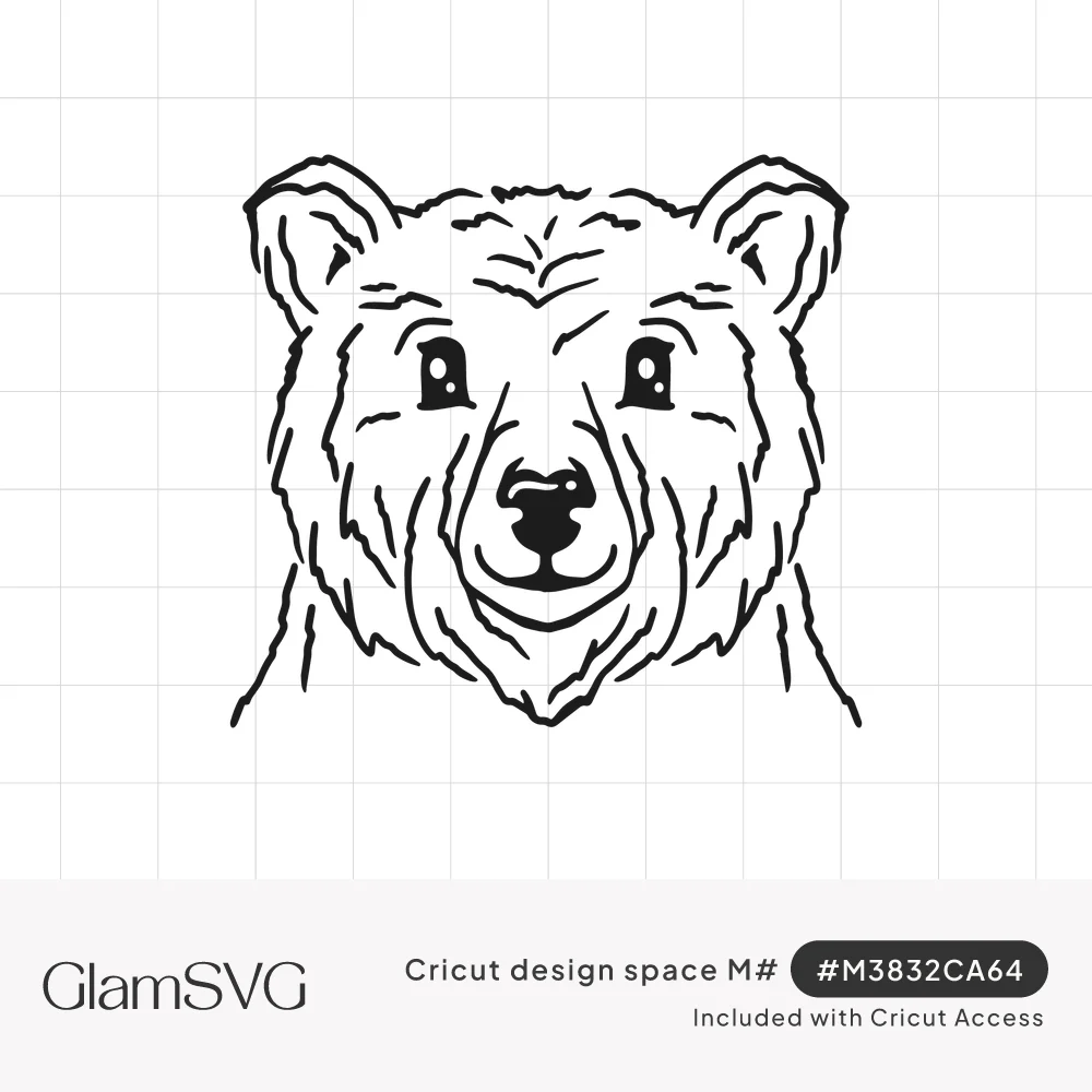 Black line drawing of a bear's face looking forward, with rounded ears, sketchy fur strokes and a small dark nose