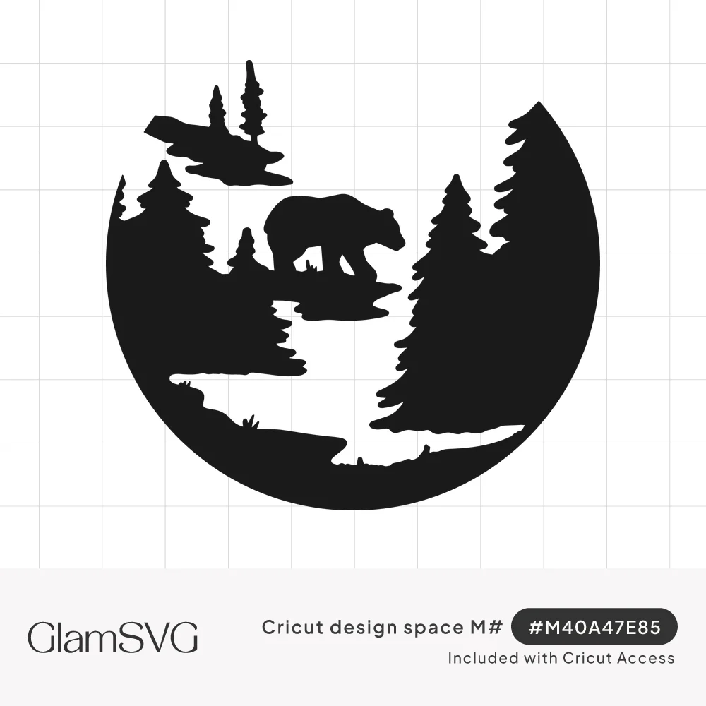 Black circular silhouette of a bear walking on rocks among pine trees above a winding river