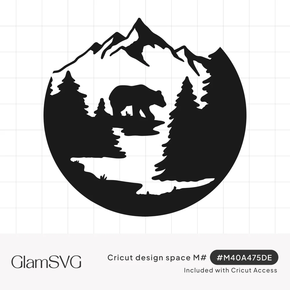 Black silhouette circle scene of a bear walking by a winding river, flanked by pine trees with mountain peaks above