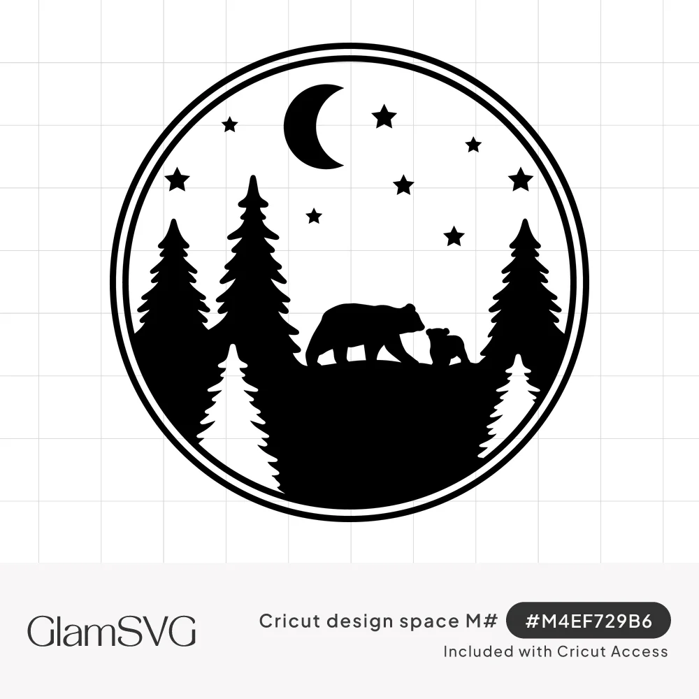 Black silhouette of a mama bear and cub on a hill with pine trees, crescent moon and stars inside a double circle
