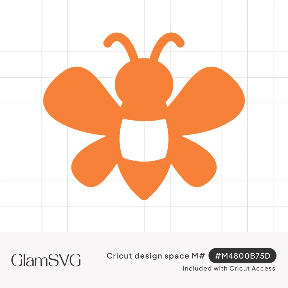 Solid orange bee silhouette with four rounded wings, curled antennae and a white cutout stripe on its body