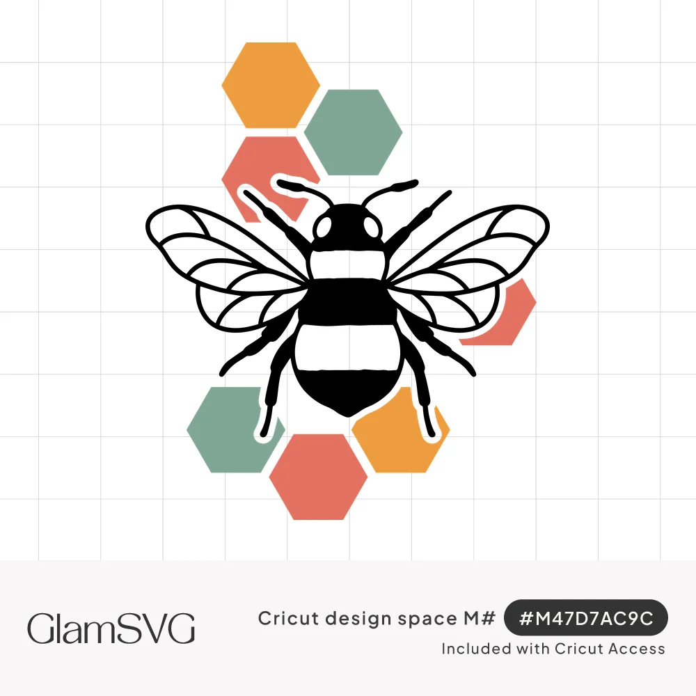 Black and white bumble bee with spread wings over scattered mustard, sage green and coral honeycomb hexagons