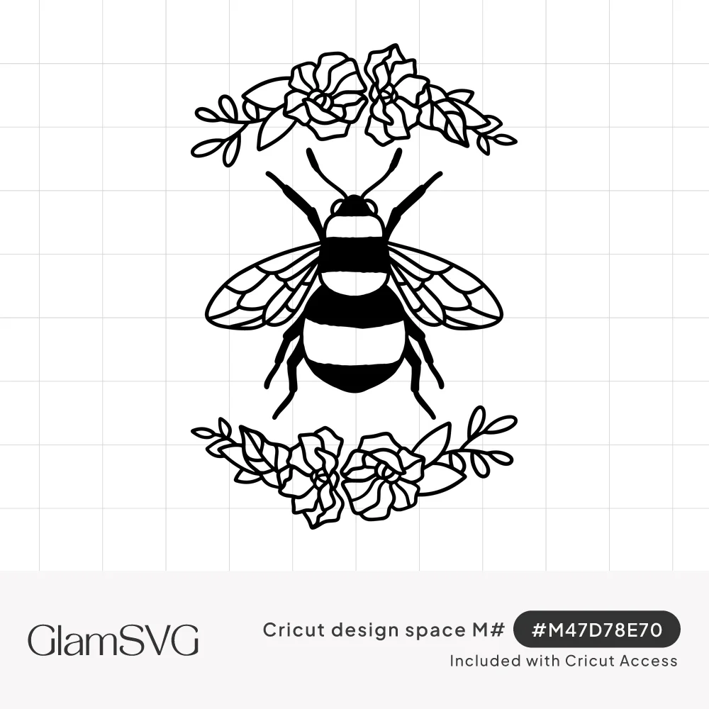 Black line art bumble bee with striped body and veined wings between two garlands of roses and leaves
