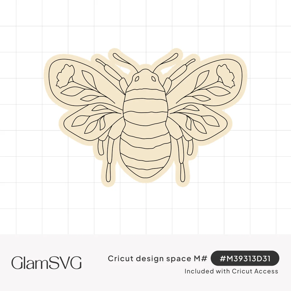 Line art bumble bee with outstretched wings decorated with leaves and flowers, on a cream sticker-style background