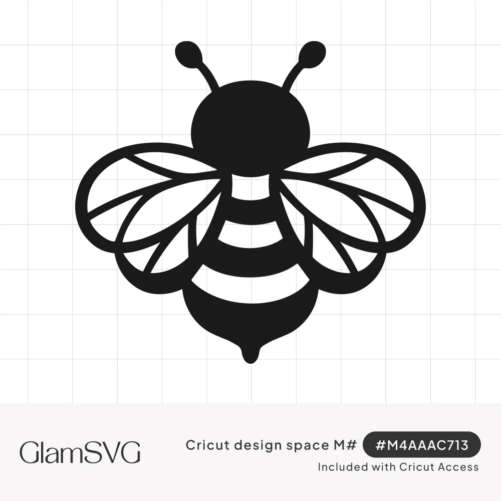 Solid black bumble bee silhouette with curled antennae, striped body and open, panel-cut wings, viewed from above