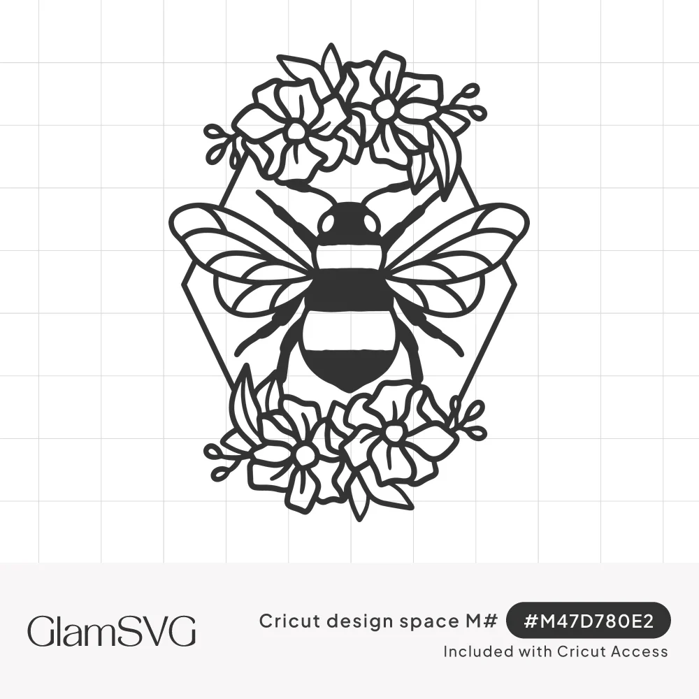 Black line art bumble bee inside a hexagon frame with clusters of flowers and leaves at the top and bottom