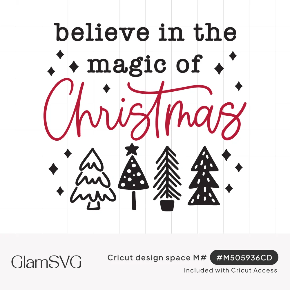Text believe in the magic of Christmas in black and red script above four doodled Christmas trees and sparkles