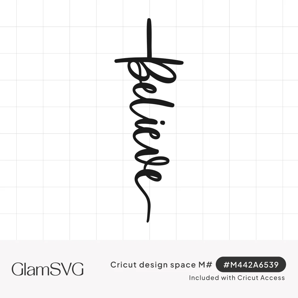 Black vertical script lettering spelling believe, forming a cross with a horizontal crossbar and a looping tail