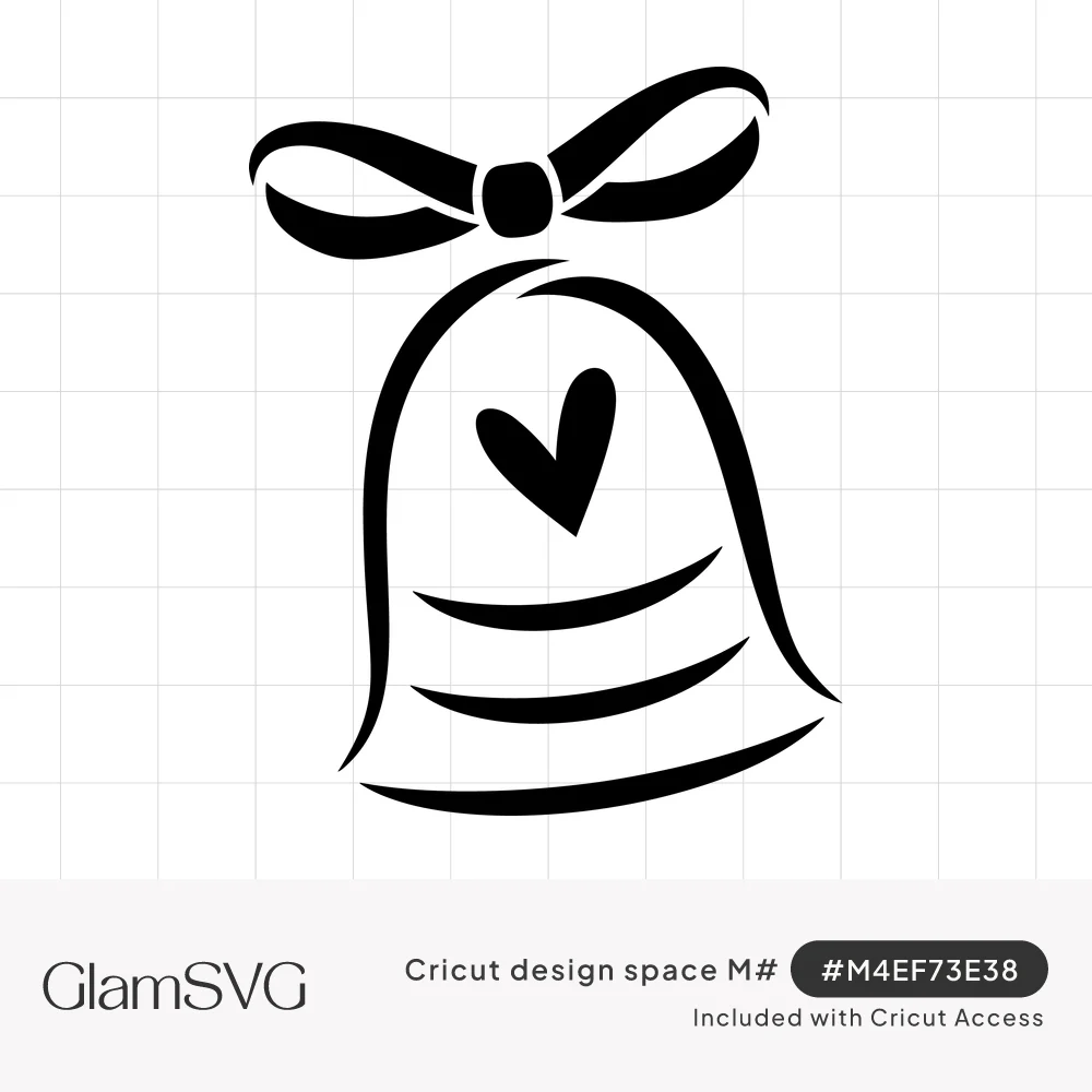 Black hand-drawn bell with a small heart in the center, curved bands near the rim, and a ribbon bow on top