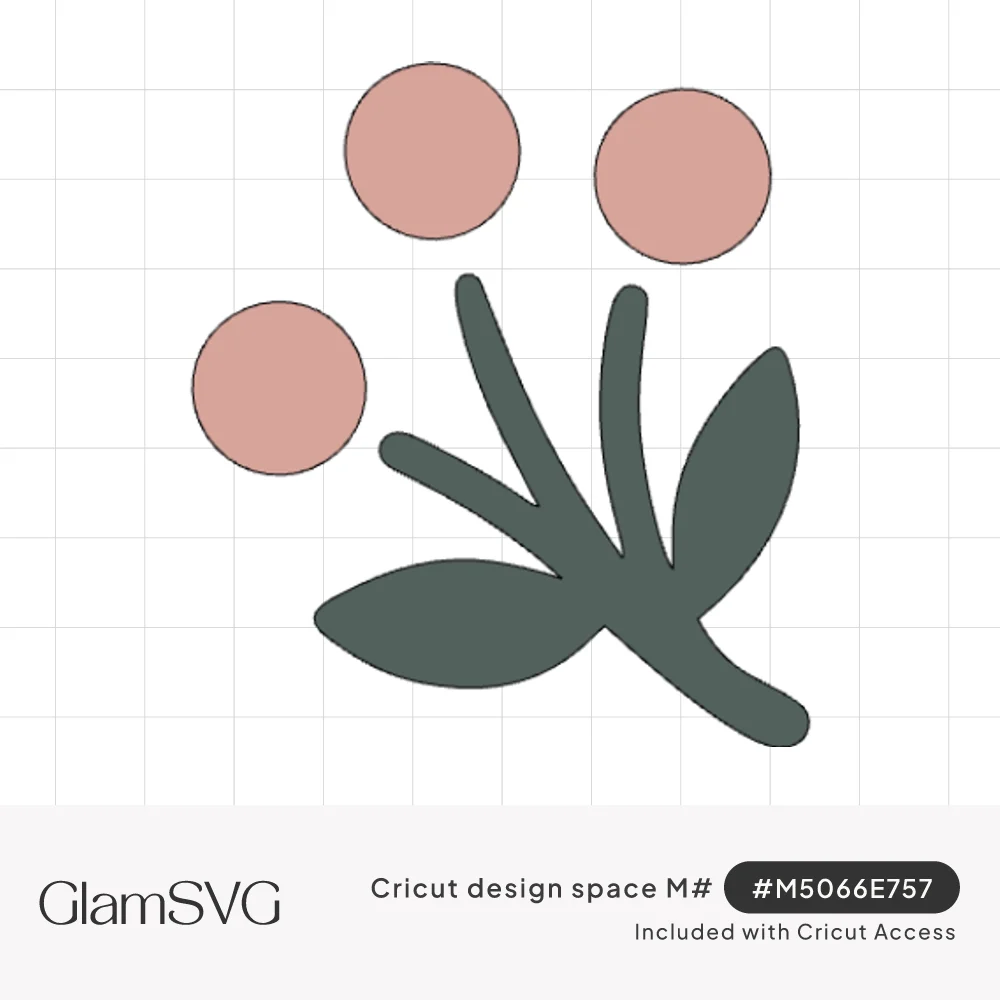 Minimalist sprig with three dusty pink round berries above sage green stems and two leaves