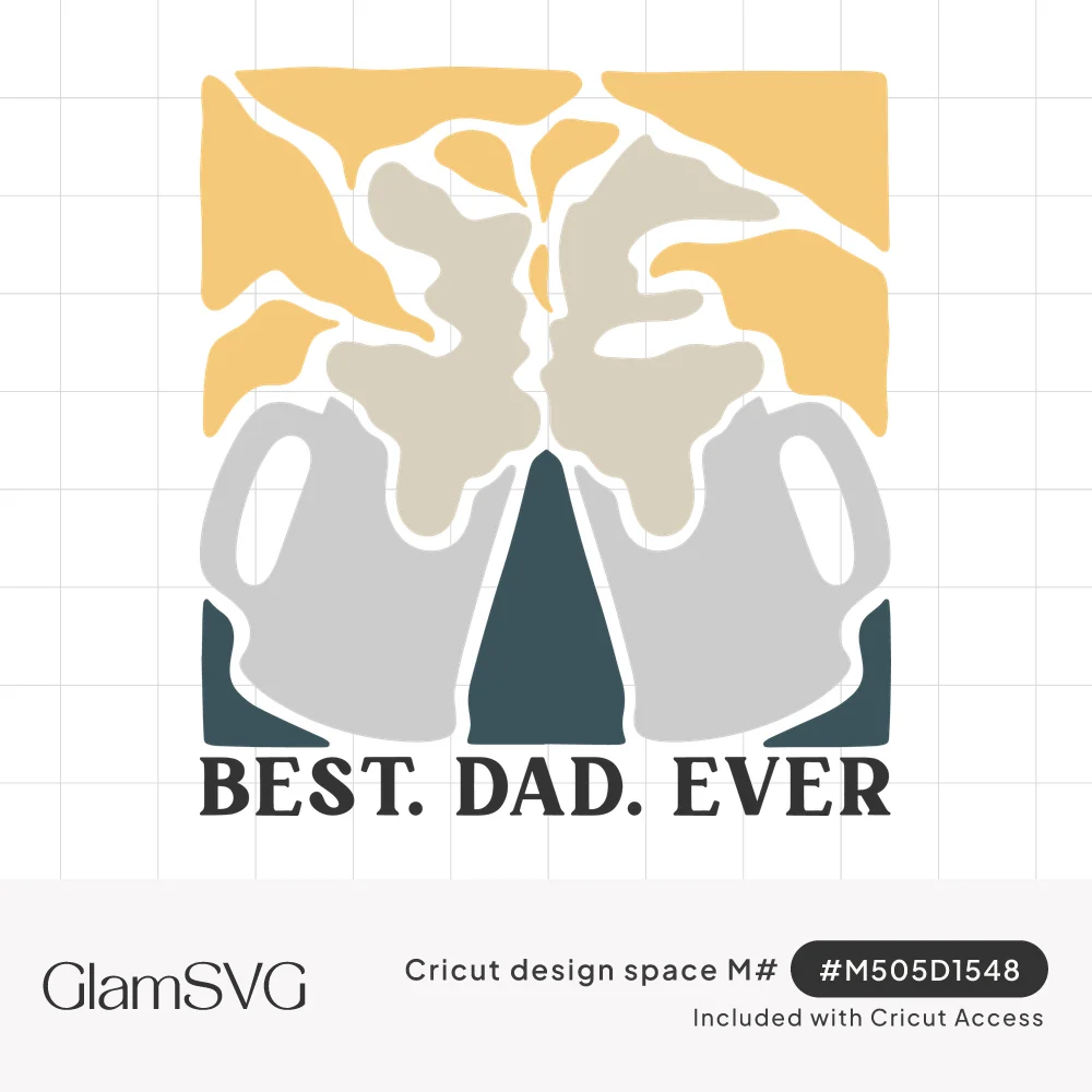 Two gray beer mugs clinking with splashing foam on a yellow and slate square, above the words Best. Dad. Ever