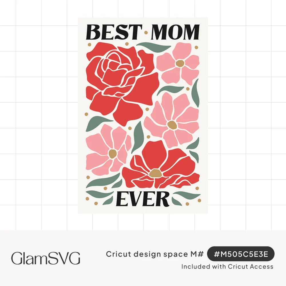 Best Mom Ever lettering above and below large red roses, pink flowers, and green leaves on a cream panel