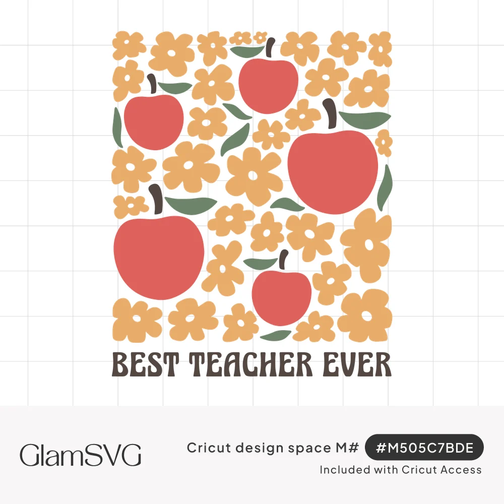 Block of mustard retro flowers and red apples with green leaves above the words Best Teacher Ever in brown groovy letters