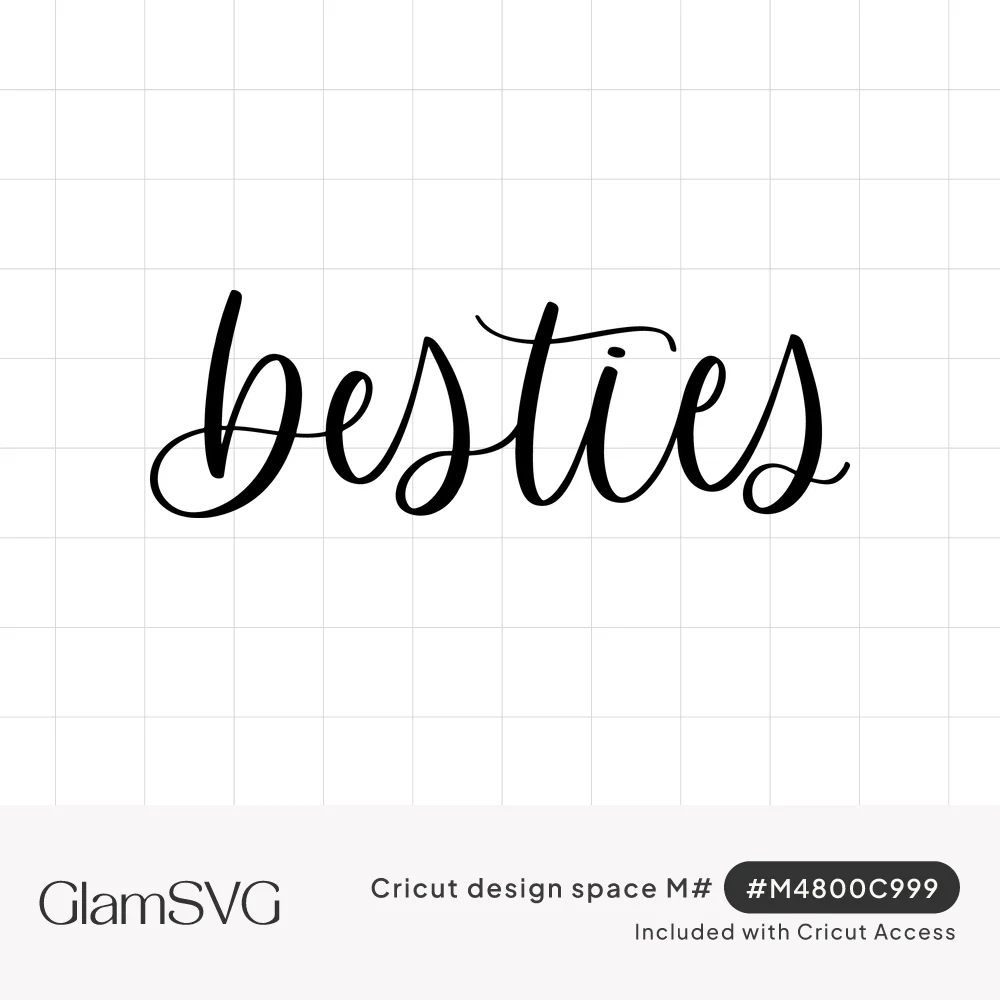 The word besties hand lettered in black brush script with looping letters and a curled swash on a white background