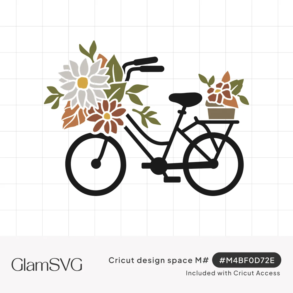 Black bicycle with a large bouquet of white and rust flowers on the handlebars and a flower crate on the rear rack