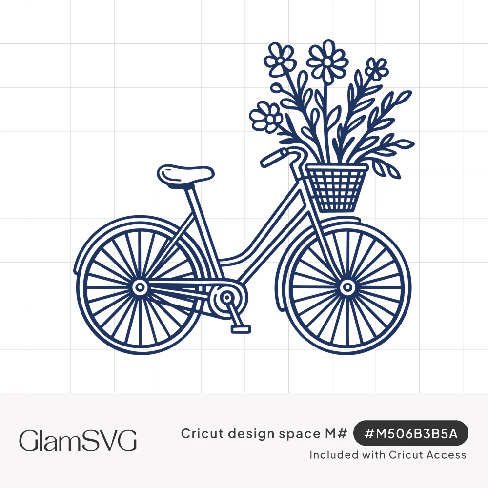 Navy line art of a vintage bicycle with a wicker front basket filled with daisies and leafy wildflowers