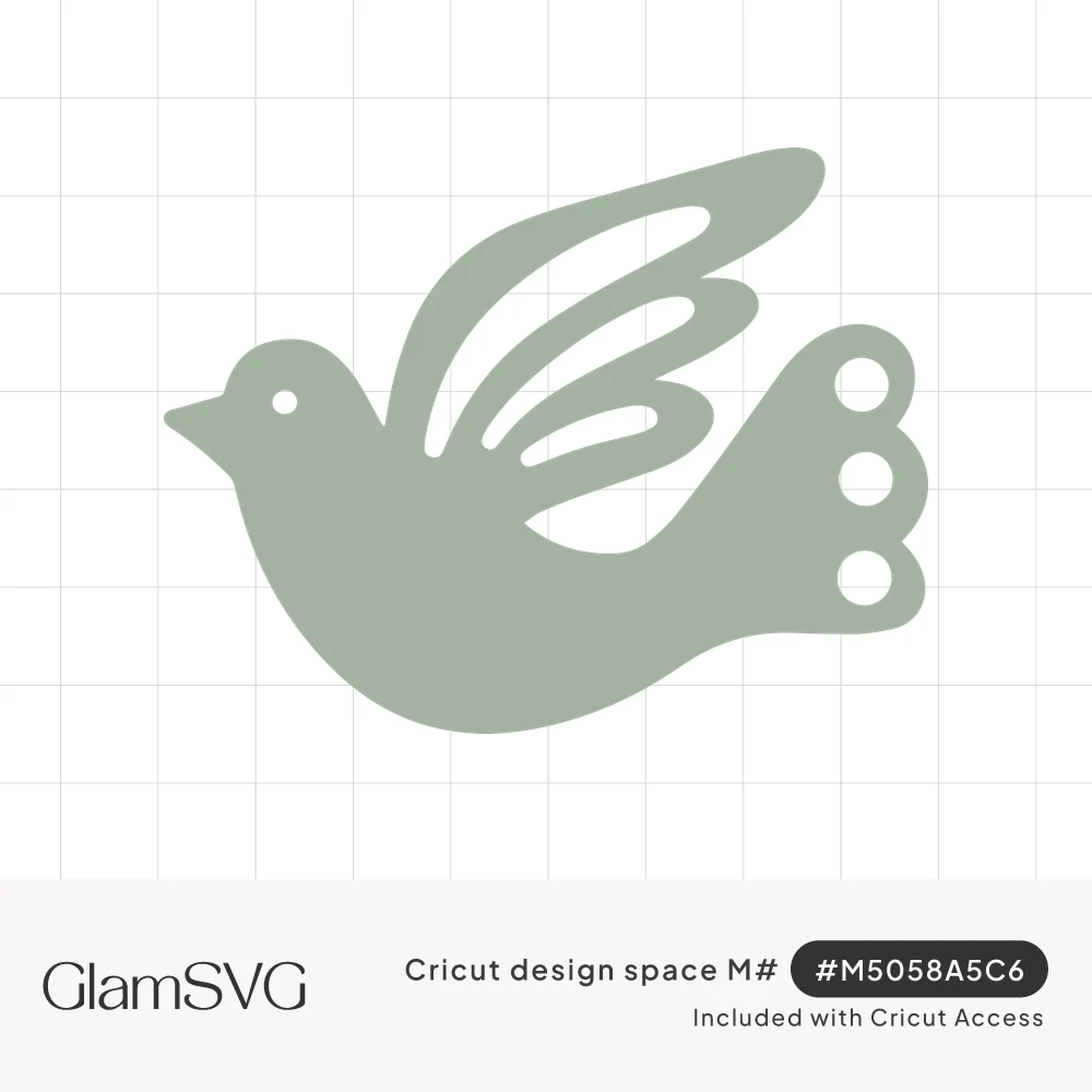 Sage green dove silhouette with curved cutouts in its wing, three round holes in its tail and a dot for an eye