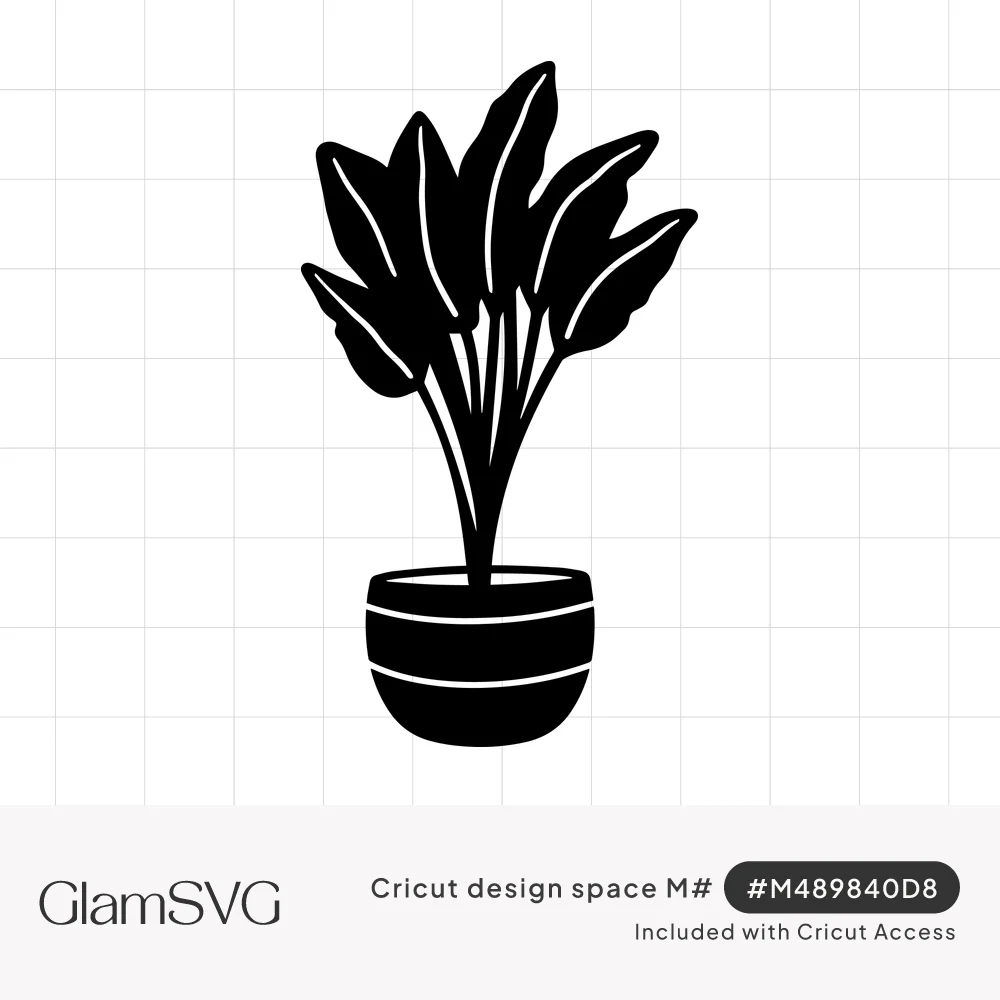 Black silhouette of a bird of paradise houseplant with tall veined leaves in a round striped pot