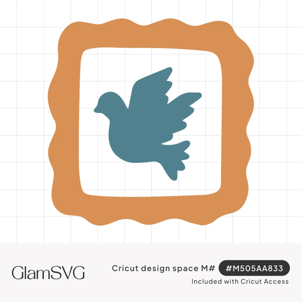 Blue dove silhouette in flight inside a white square framed by a wavy orange postage stamp border