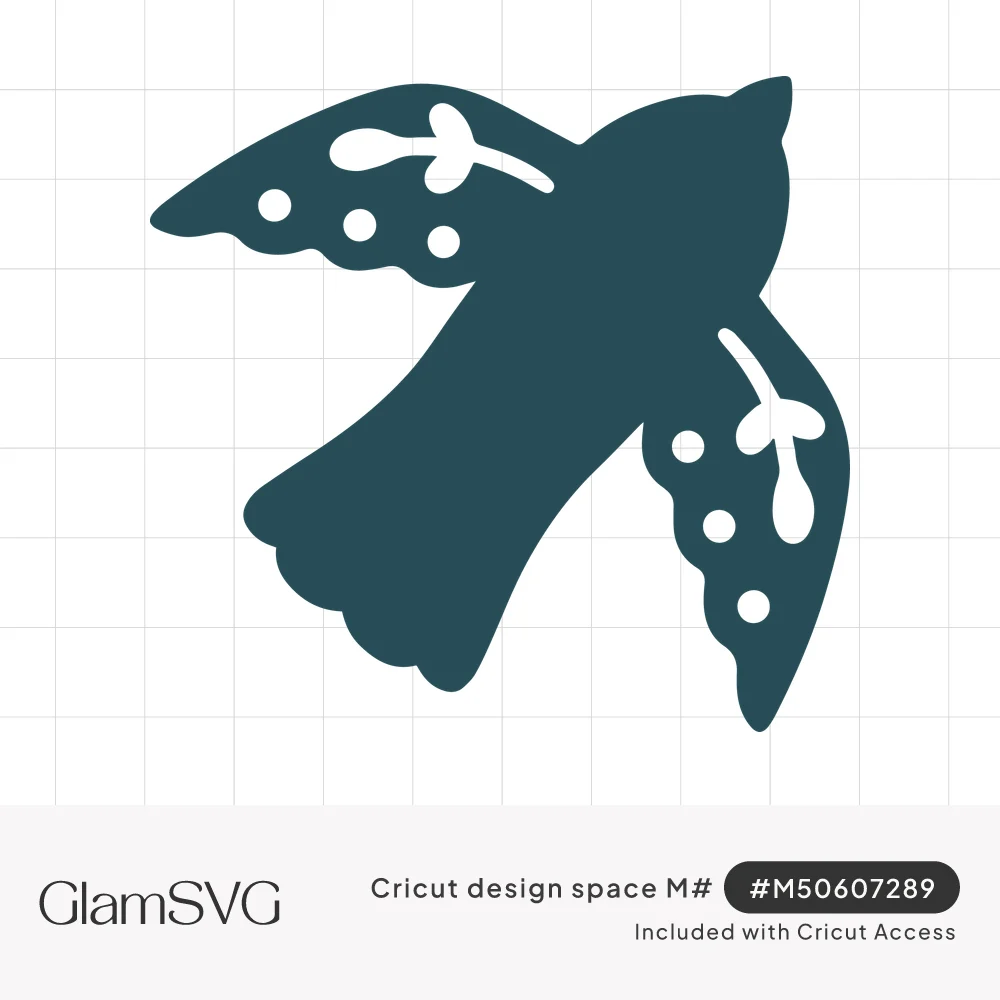 Dark teal silhouette of a flying bird with scalloped wings decorated with cut-out dots and small leaf sprigs