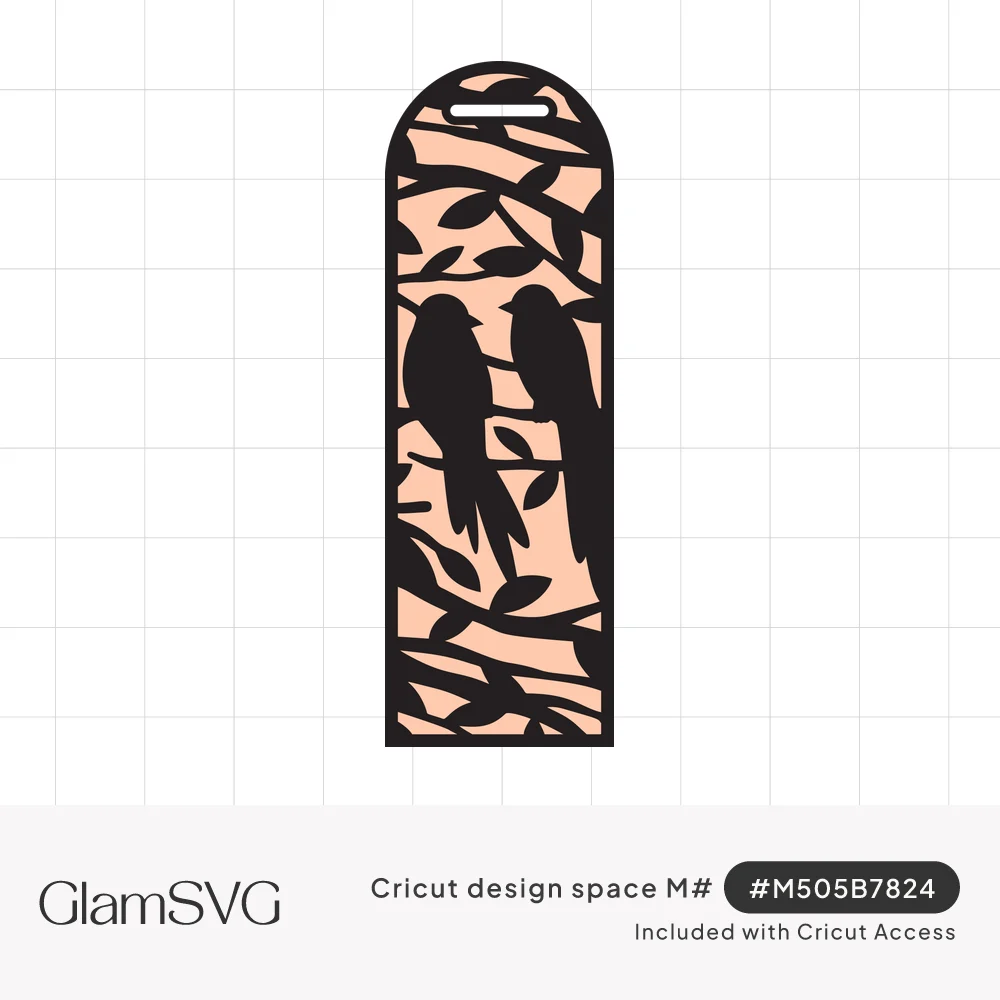 Arched bookmark with silhouette of two birds perched on leafy branches, black cutout over a peach background