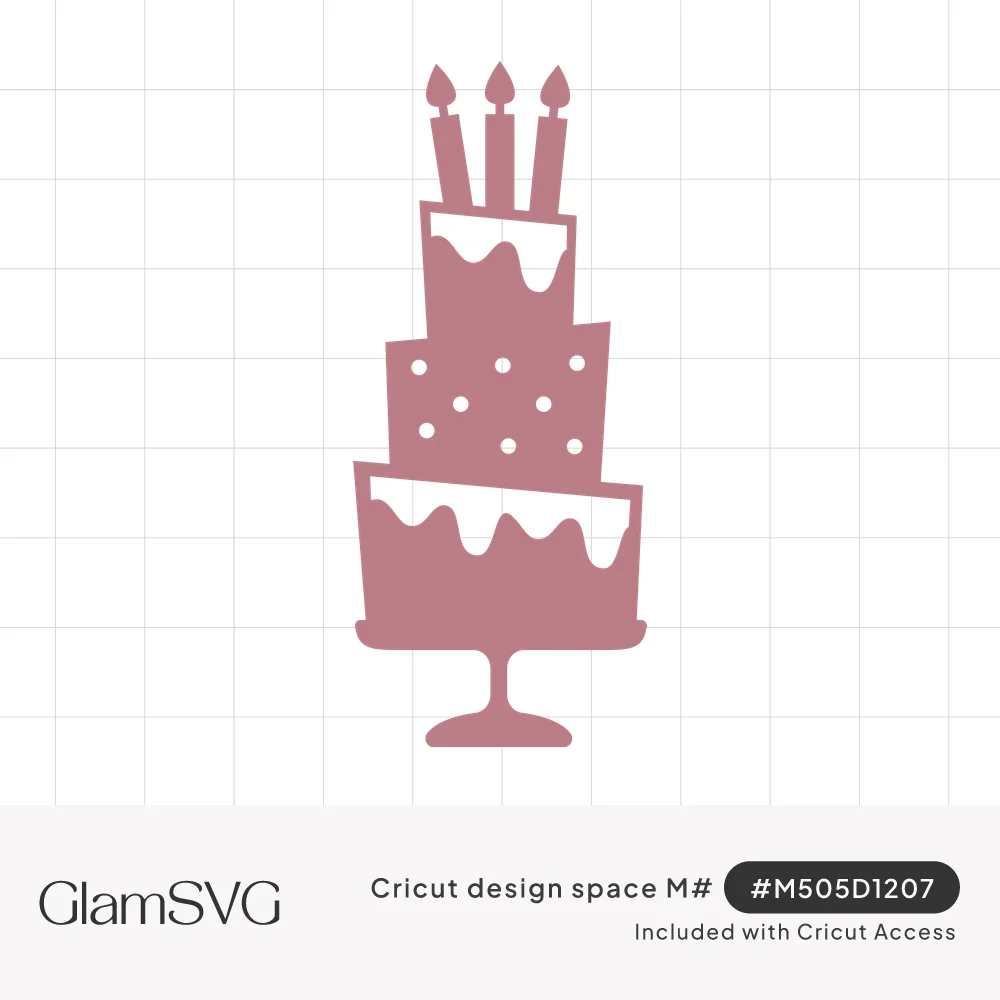 Silhouette of a three-tier birthday cake on a pedestal stand with dripping frosting, polka dots and three lit candles